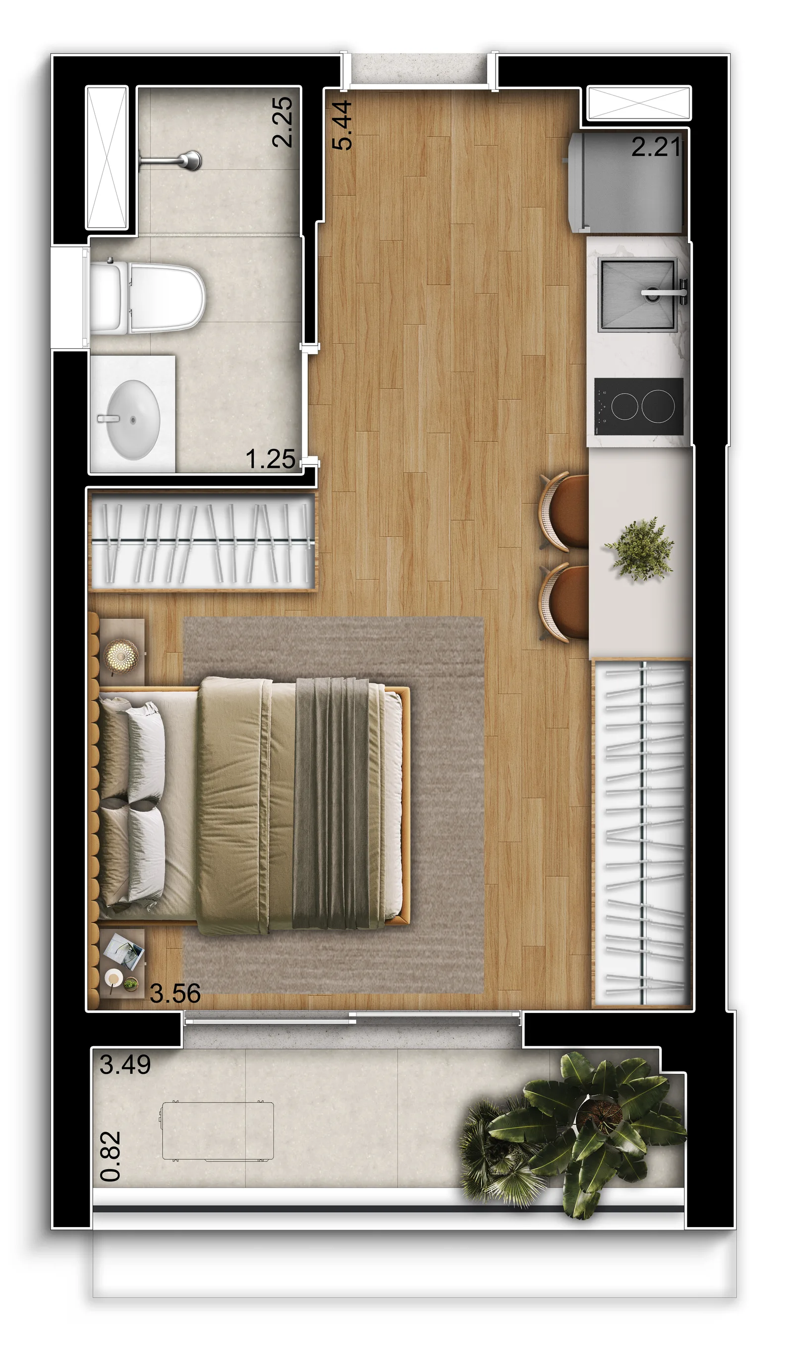 Planta ilustrada - studio de 28m² - Pilarys Jd. Guedala